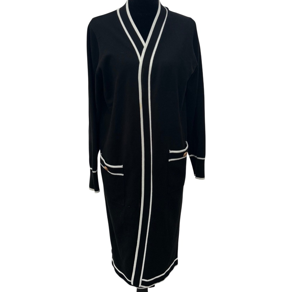 Vila Milano Black White Longline Duster Cardigan Gold Button Pocket Medium
